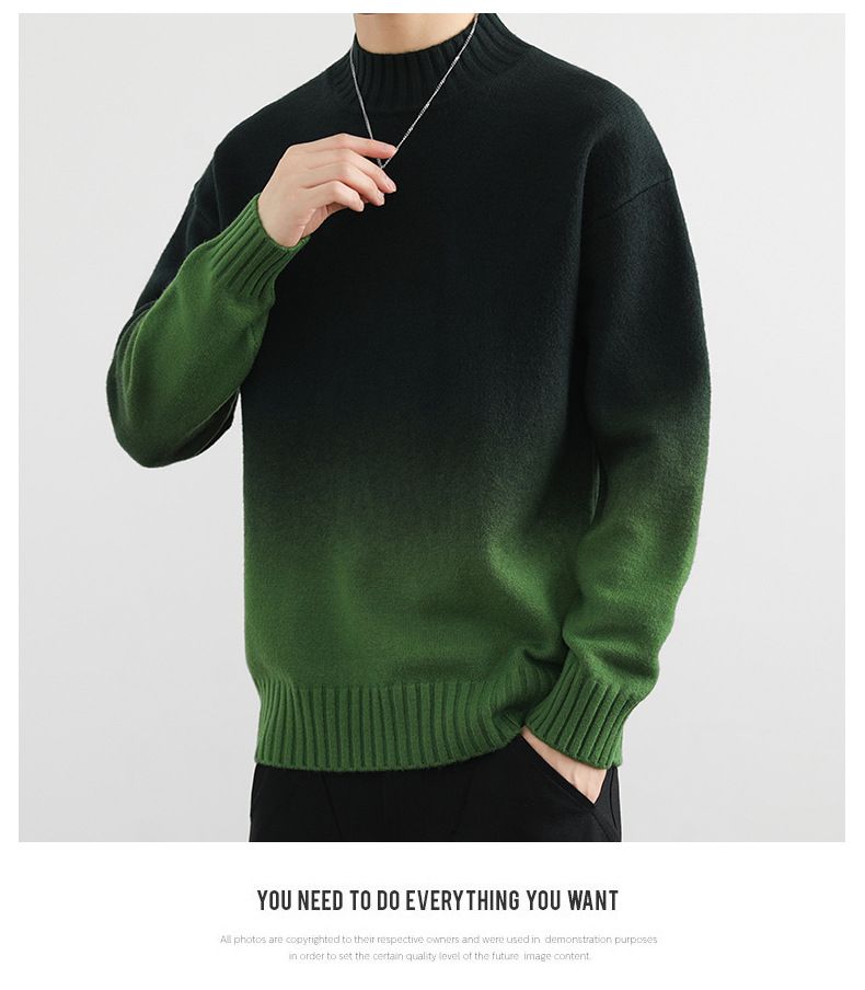 Herren-Strickpullover mit Ombré-Muster – Halbrollkragen, lockere Passform, Stretch-Polyestermischung (Armeegrün/Blaugrau/Beige/Dunkelgrün/Chinarot)_voghion.com