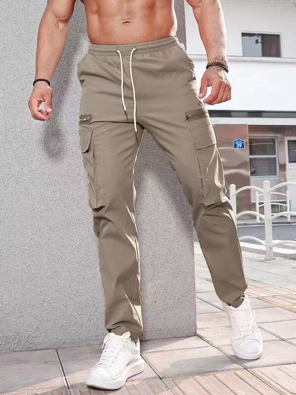 Ropa de hombre, pantalones cargo decorados con cremallera deportiva informal, pantalones con cordón en la cintura para hombres_voghion.com