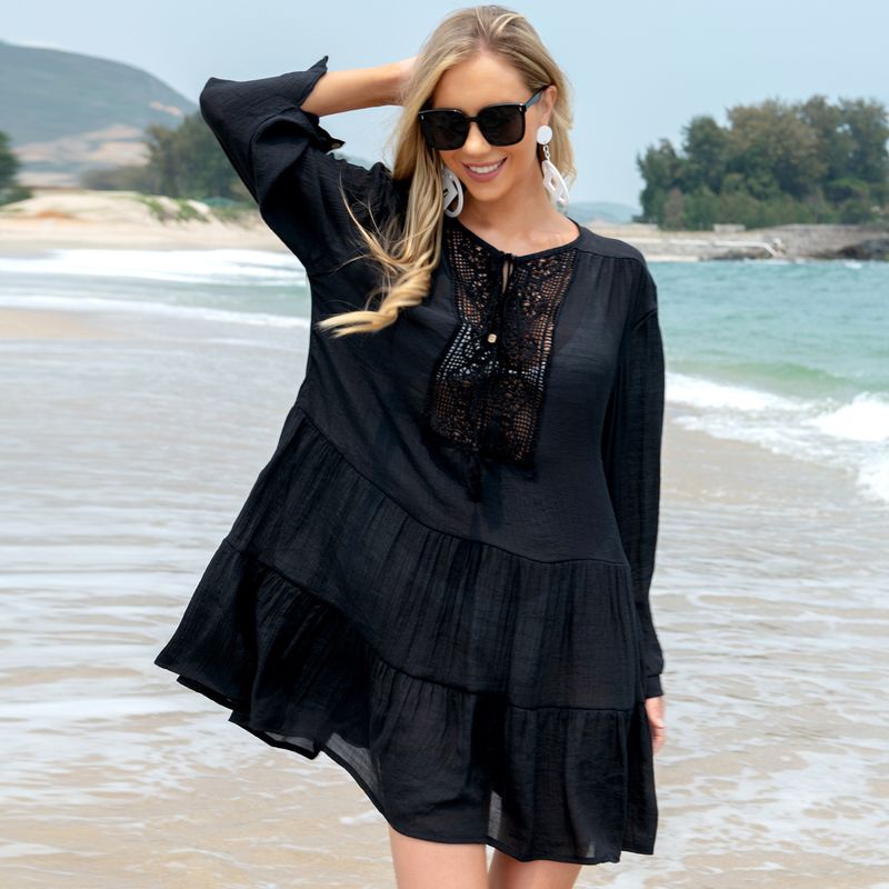 Robe d'été noire à manches longues pour femme, ample et confortable, idéale pour la plage, la protection solaire et le maillot de bain_voghion.com