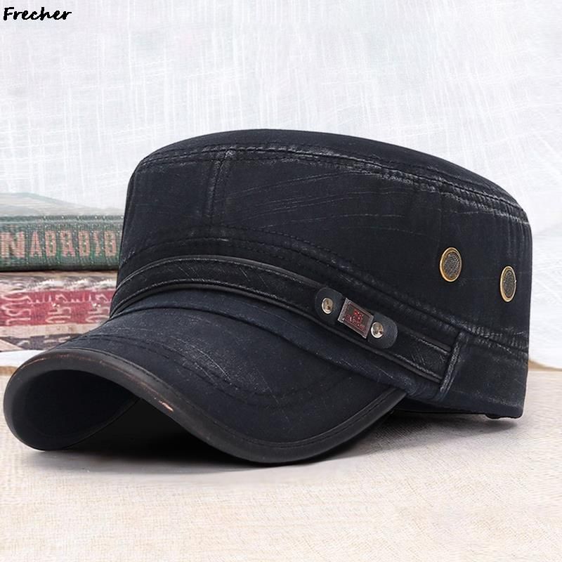 Fashion Vintage Jeans Military Cap Men Flat Top Cadet Army Caps Hunting Combat Tactical Visors Hat Comfortable Breathable Denim_voghion.com
