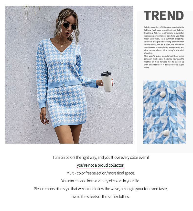European and American fashion women's two-piece long-sleeved houndstooth skirt suit_voghion.com