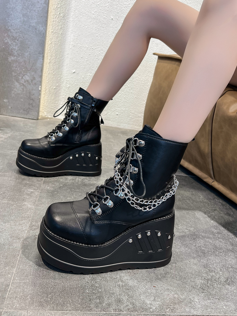 Women's shoes round head side zipper strip thick bottom round head wedge heel ladies Martin boots _voghion.com