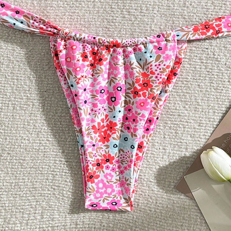 Damenbekleidung neuer floraler Schnür-Bikini-Badeanzug für Damen, Dreipunkt-Bikini, Strand-Badeanzug für heiße Quellen_voghion.com