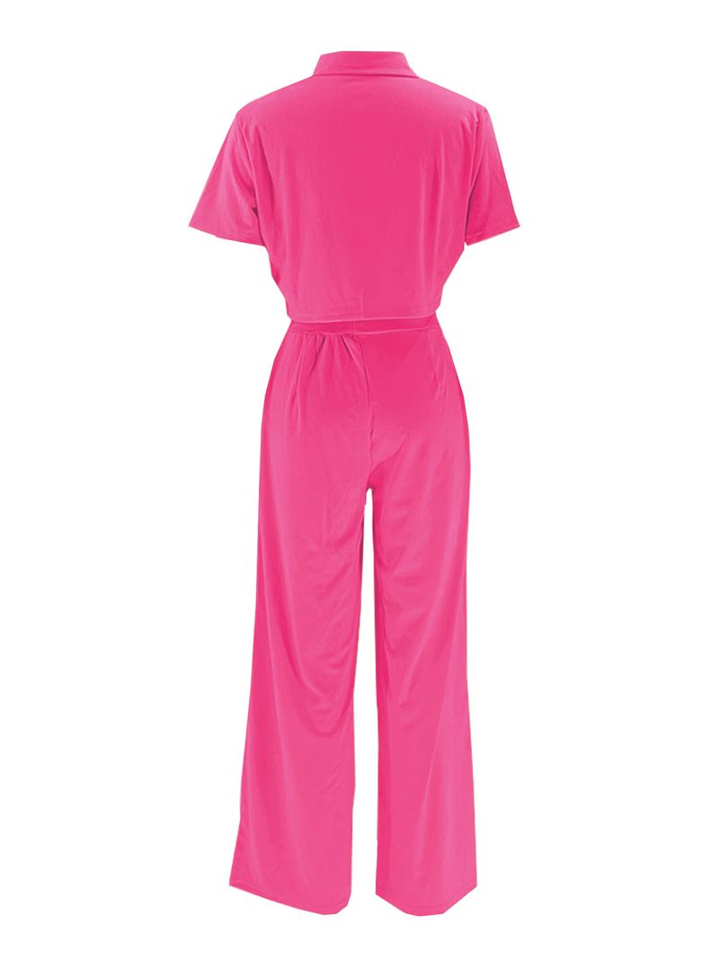 Damenbekleidung Sommermode Revers Kurzarm Hohe Taille Weite Beinhose Modeanzug_voghion.com