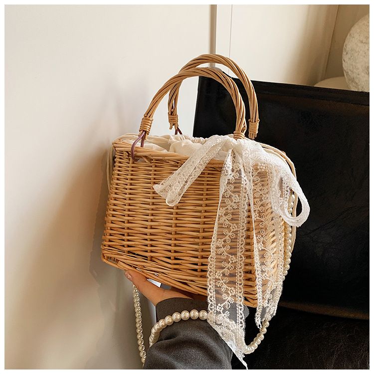 Borsa di paglia Borsa intrecciata Borsa da spiaggia Fairy Borsa di paglia per le vacanze Borsa da donna in rattan Borsa a tracolla con catena di perle Intreccio_voghion.com