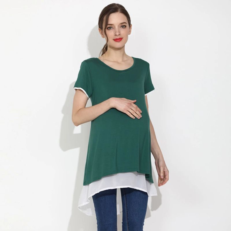 Stor gravid kvinde løstsiddende mavedækkende kortærmet t-shirt dame sommer 2024 ny todelt outfit_voghion.com