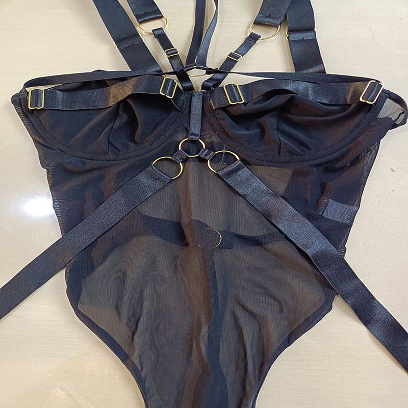 Sheer Mesh Teddy Bodysuit – Strappy Cutout Lingerie For Seductive Confidence (S/M/L, Black)_voghion.com