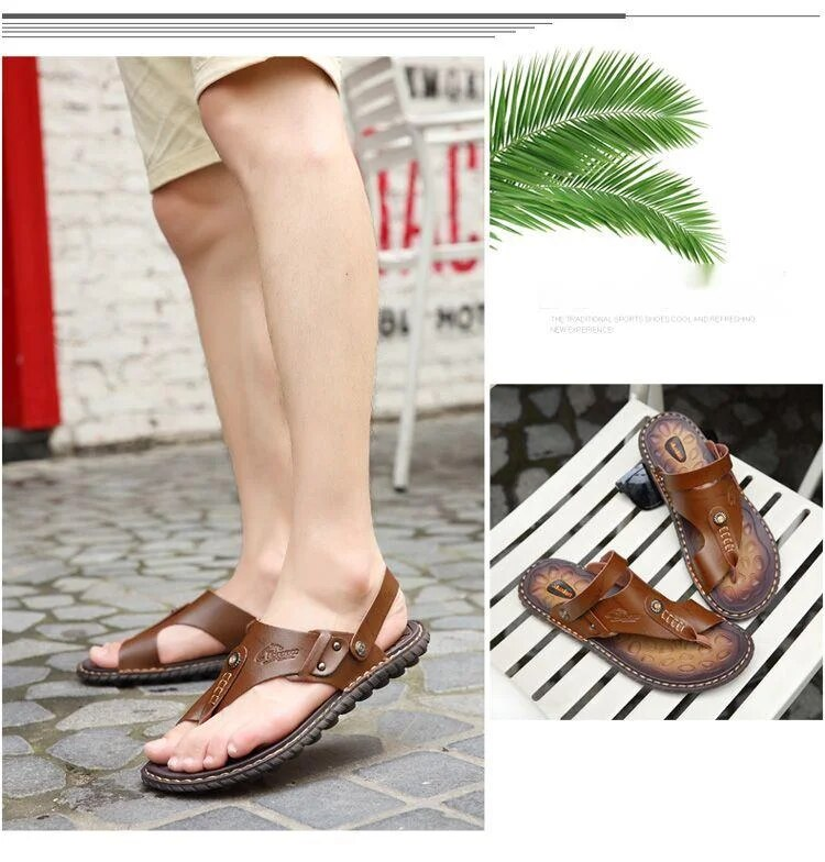Scarpe da spiaggia casual estive, versione coreana antiscivolo, sandali in pelle alla moda, infradito, sandali da uomo a doppio uso,_voghion.com