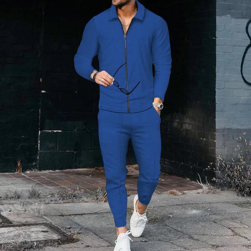 Outono e inverno novo terno casual, manga waffle calças compridas conjunto de duas peças, terno masculino_voghion.com