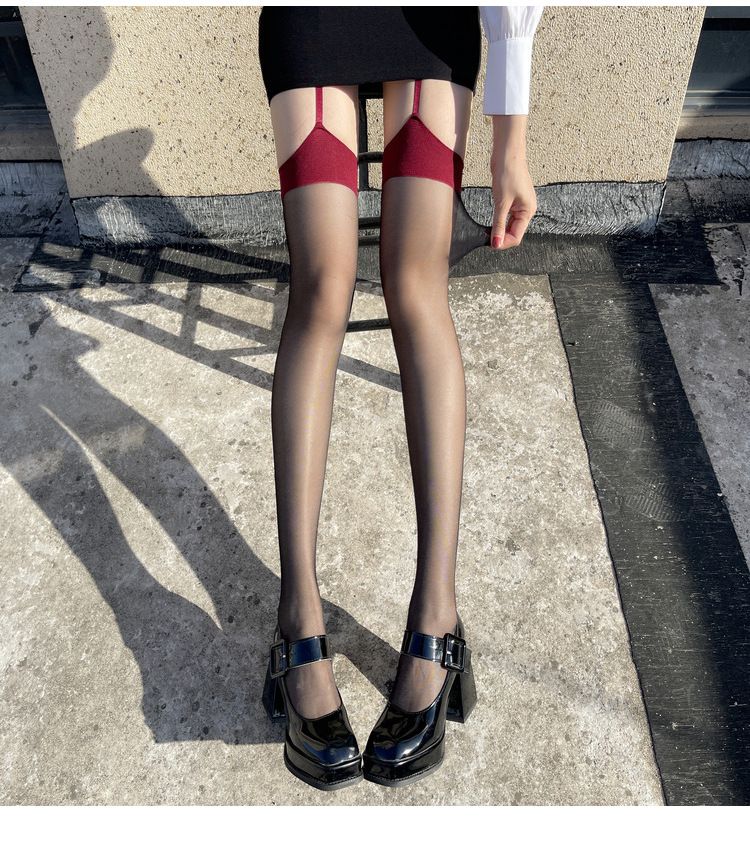 Rote Damenstrümpfe mit reiner Lust, kontrastierender roter Rand, schwarze Strümpfe, sexy ultradünne Anti-Snatch-Strümpfe_voghion.com