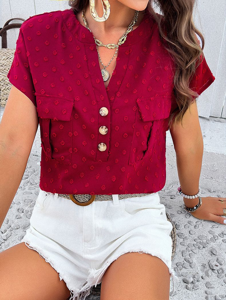 Maglietta casual con scollo a V dal temperamento da donna_voghion.com