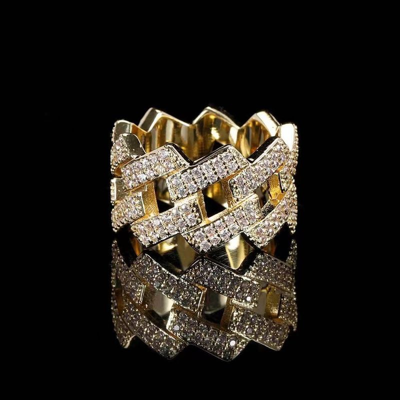 Anello da uomo con catena cubana in zirconi intarsiati in rame Hip Hop, design di nicchia, pesante, geometrico, artigianale_voghion.com