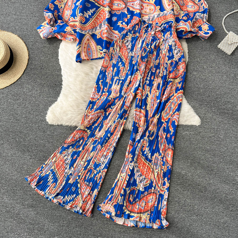Dámské francouzské vintage potisk volné dlouhé rukávy první sukně s vysokým pasem rovné nohavice ležérní kalhoty_voghion.com