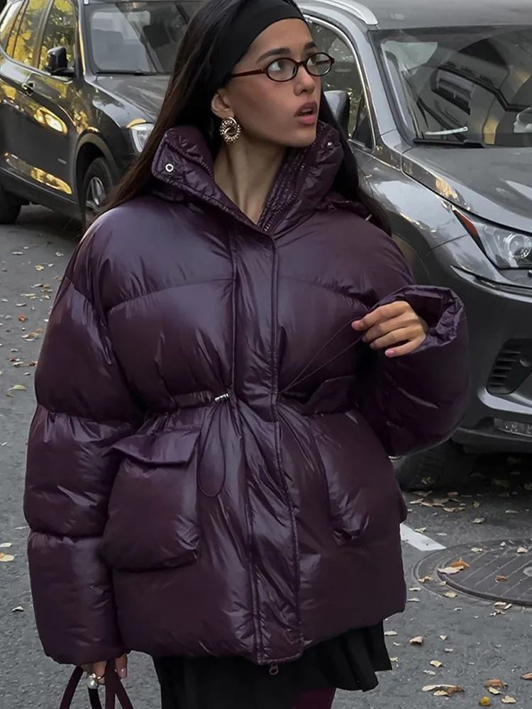 Women's Winter Puffer Jacket - Zip Front Quilted Coat With Adjustable Waist New Shirt Burgundy Zipper Waist Cotton Jacket Cotton Jacket_voghion.com