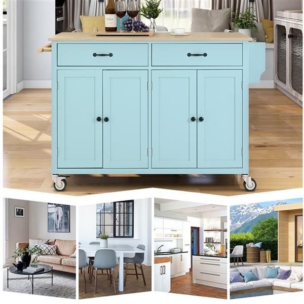 Kitchen Island Cart With 4 Door Cabinet And Two Drawers And 2 Locking Wheels - Solid Wood Top, Adjustable Shelves, Spice & Towel Rack(Mint Green_voghion.com