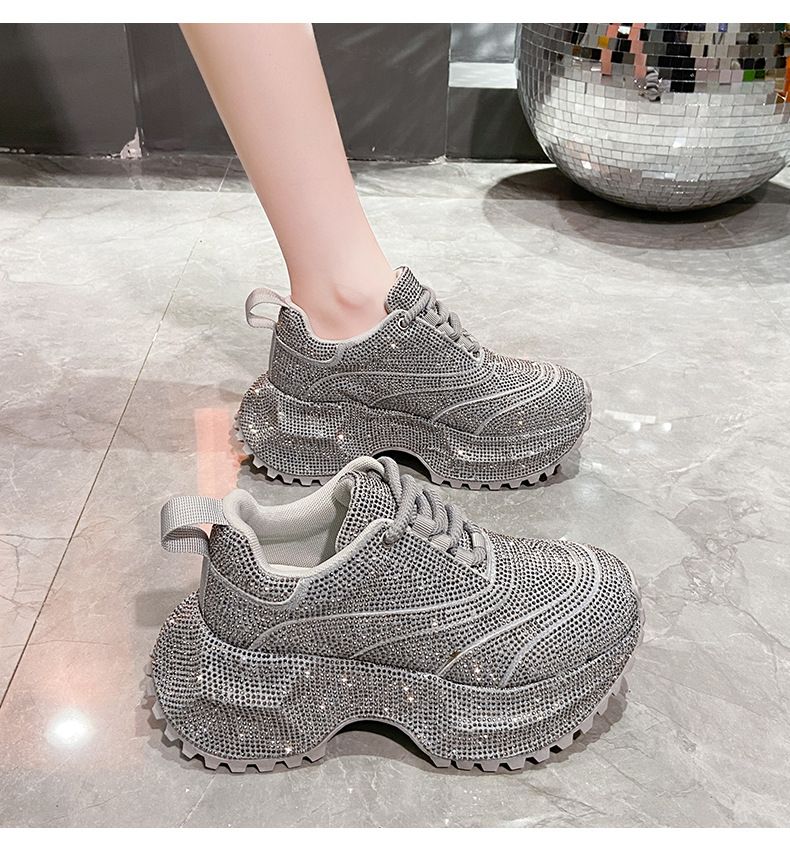 Modische Damen-Sneaker mit Strasssteinen – klobige Plateauschuhe für mehr Körpergröße, atmungsaktives Obermaterial aus PU, lässige und trendige Low-Top-Schnürschuhe_voghion.com