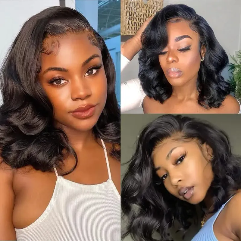 16 Inch Bob Wig Human Hair Body Wave HD Lace Frontal Wigs Pre Plucked for Women Natural Color_voghion.com