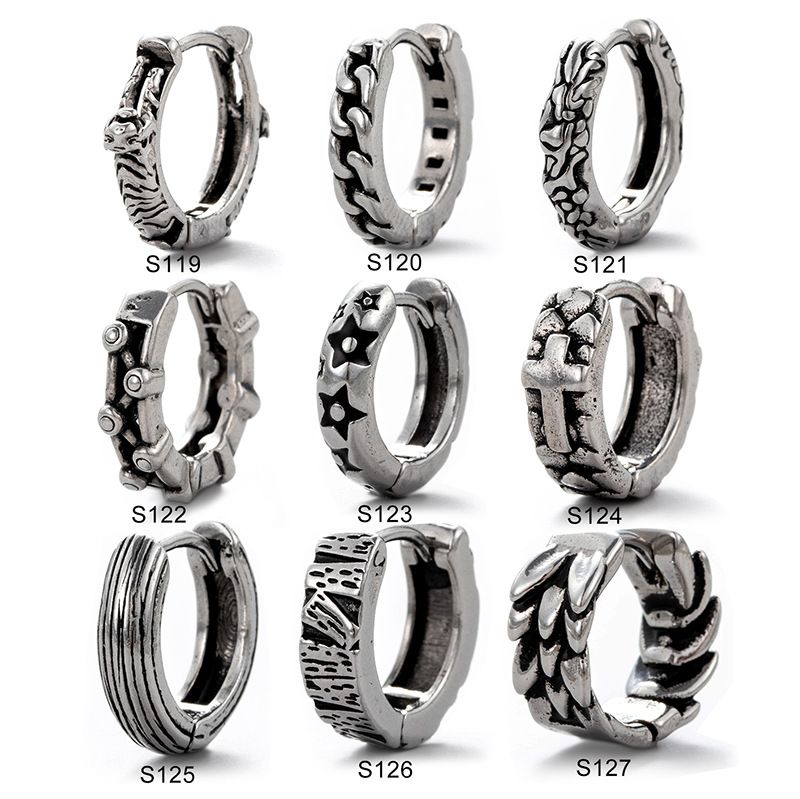 Neue Herren-Piercing-Ohrringe aus Edelstahl, Tigerkreuz, Pentagramm, geometrisches Muster, modische Ohrmanschetten_voghion.com