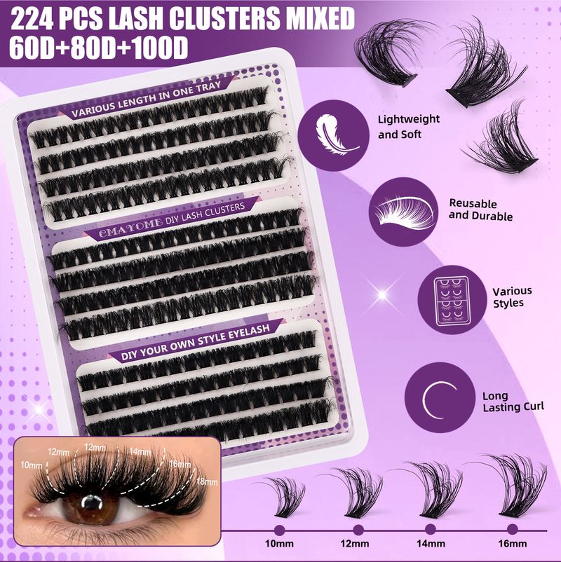 False Eyelashes Diy False Eyelash Extension Kit Single Cluster 10 16mm Length Mixed Eyelashes_voghion.com
