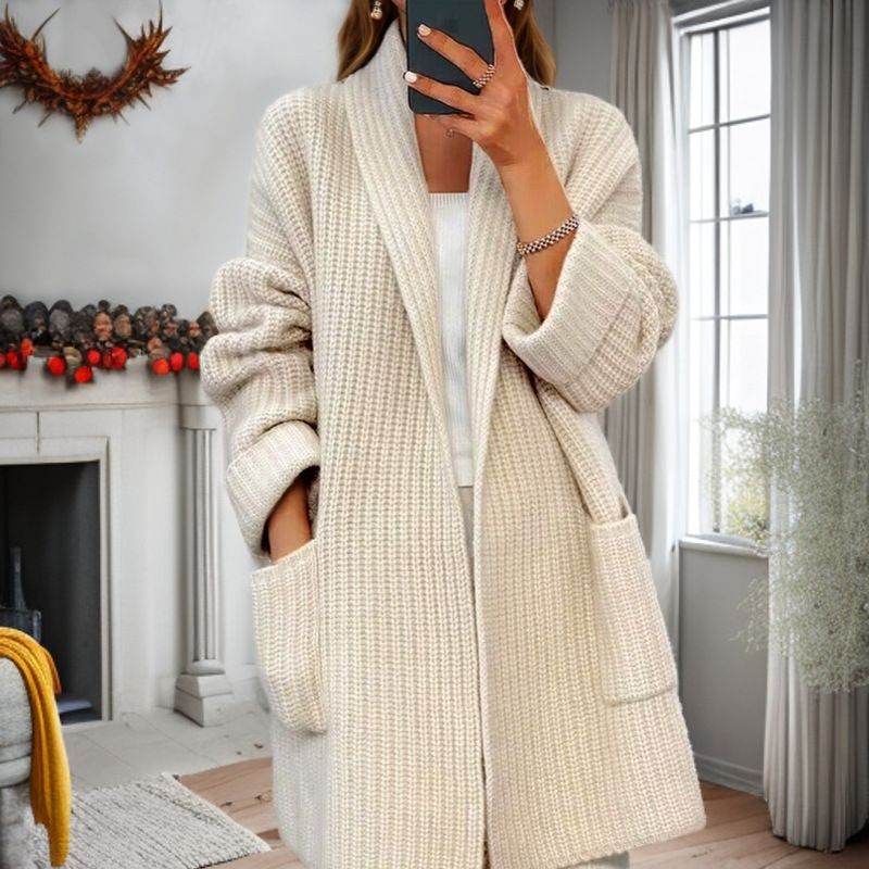 Abbigliamento da donna autunno 2024 nuovo cardigan con scollo a V tinta unita, maglione ampio con tasche, cappotto_voghion.com