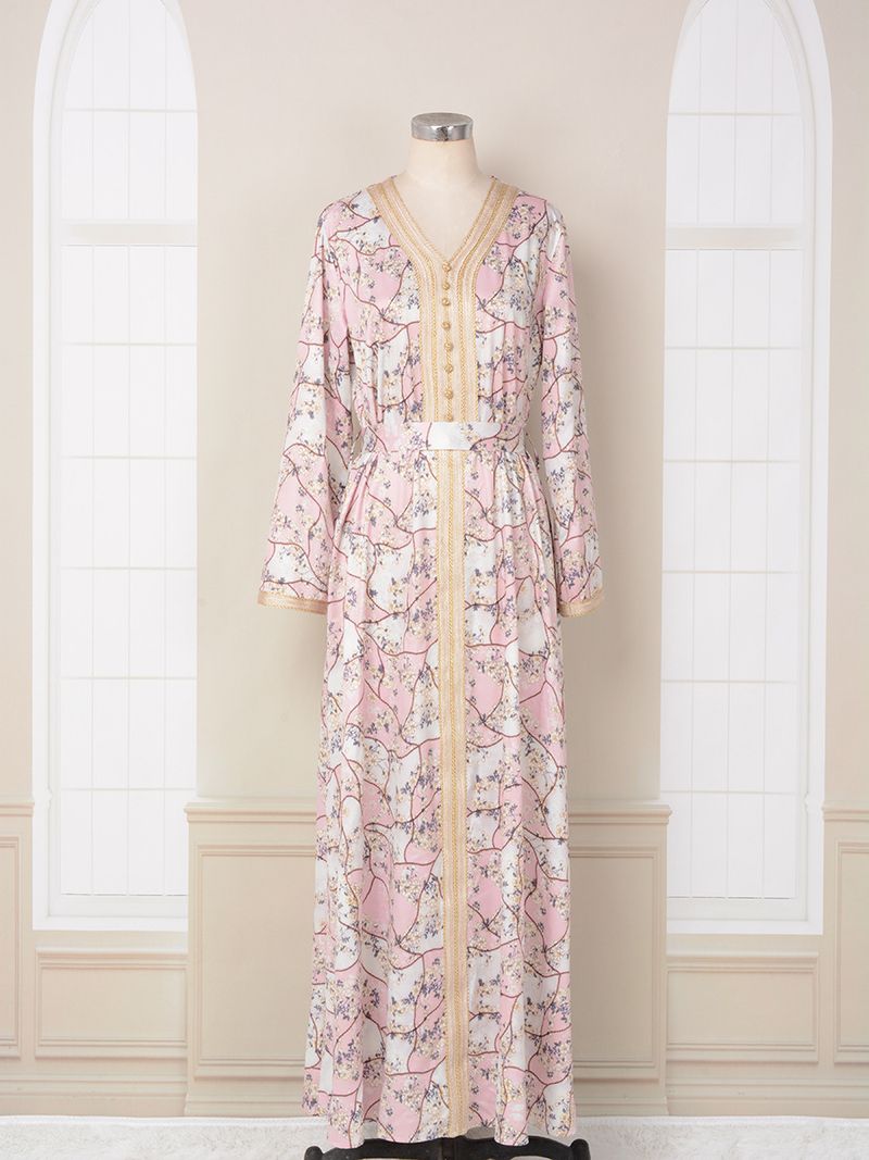 Mt094 Abaya Moslim Dames Bedrukt Kleur Geblokt Zacht En Comfortabel Temperament Jurk_voghion.com