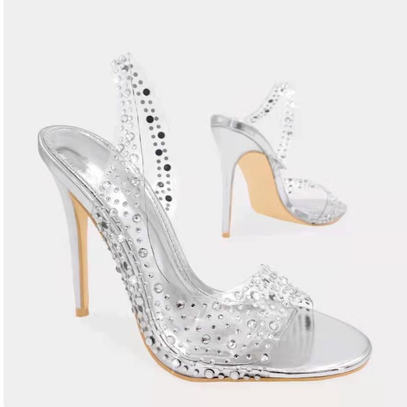 Damskie buty w dużym rozmiarze, sandały z odkrytymi palcami, z kryształkami, na wysokim obcasie, ze spiczastym noskiem i kryształkami, modne buty w kształcie ryby_voghion.com