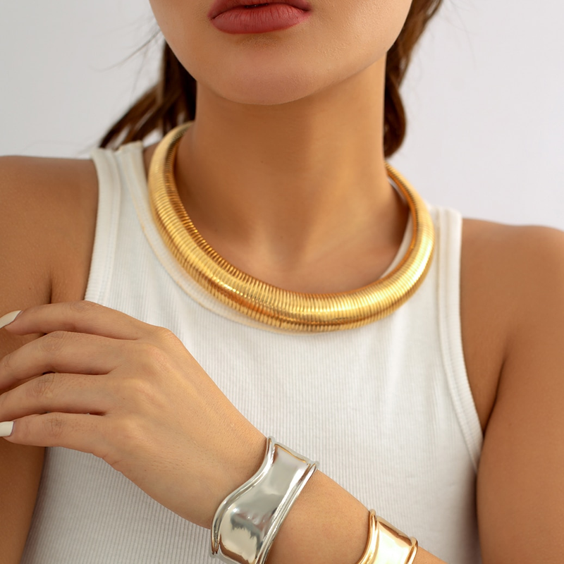 Gypsy Exaggerated Heavy Metal Twisted Torques Choker Necklace for Women Spiral Big Chunky Chain Grunge Jewelry Steampunk_voghion.com