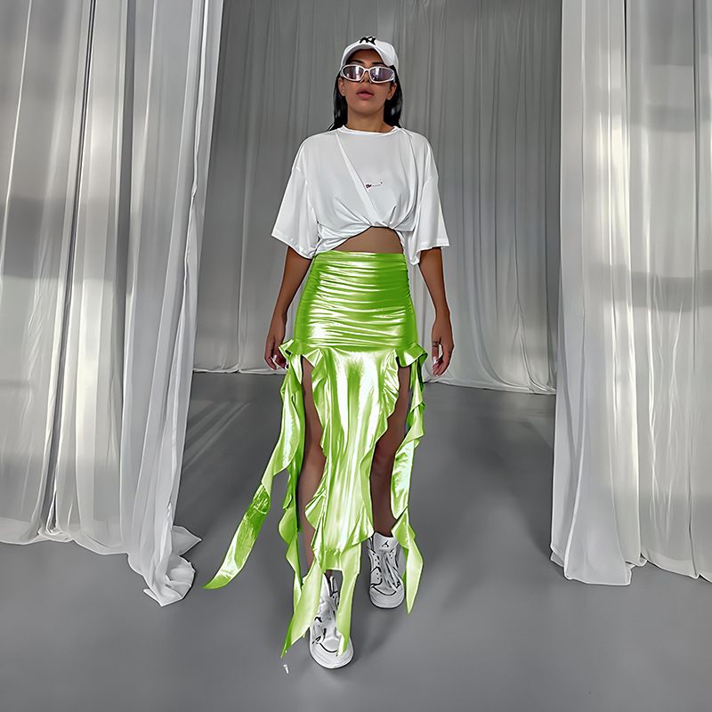 Gonna a coda di pesce in PU riflettente con nappa a nastro stile caldo da donna, gonna leggermente elastica e irregolare, gonna a mezza lunghezza, gonna alla moda_voghion.com