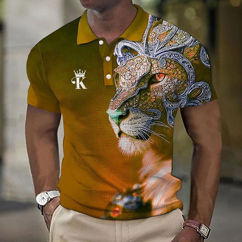 Men's Polo shirt with button up lapel, golf shirt, animal lion pattern, rolled edge, street short sleeved printed_voghion.com