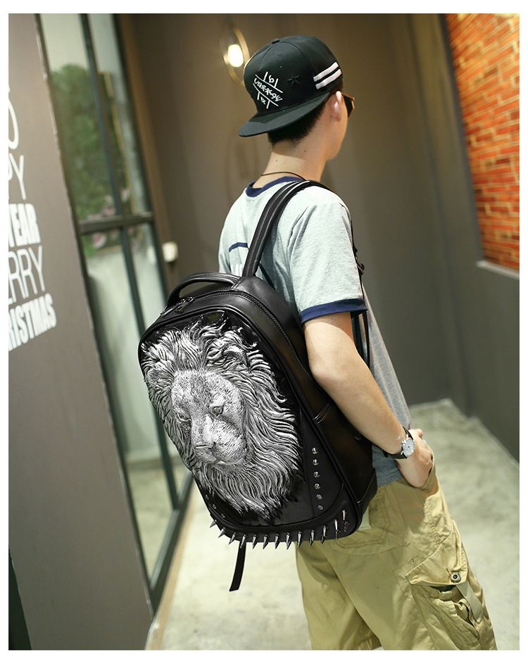Borsa in pelle PU, zaino multifunzionale per studenti, zaino 3D, borsa da viaggio per computer, borsa con testa di leone maschio e femmina_voghion.com