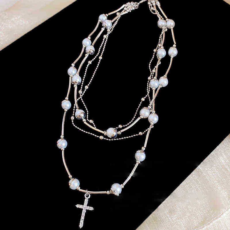 Collana con ciondolo a forma di croce di diamanti intarsiati, perle, multistrato, personalità esagerata, catena per clavicola, nicchia, senso di fascia alta_voghion.com