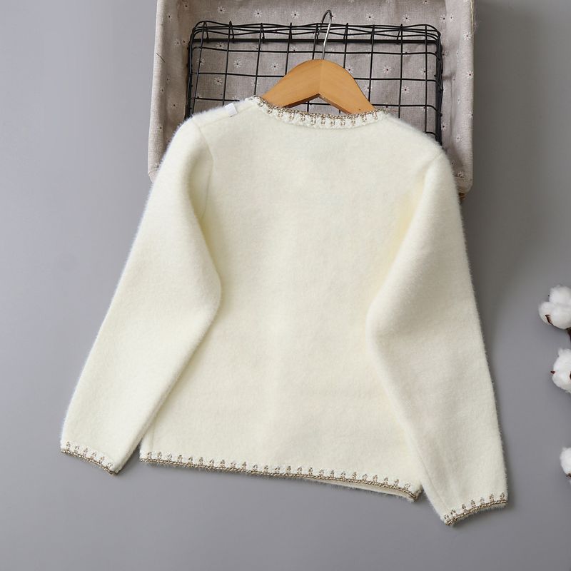 Pull en tricot doux imitation vison pour mère et enfant, cardigan d'hiver confortable avec col montant et manches longues rayées pour grands enfants (120-160 cm) - Crème/Noir_voghion.com