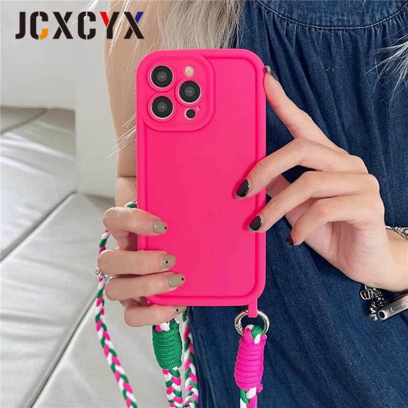 Matte Liquid Silicone Crossbody Necklace Cord Lanyard Soft Case For iPhone 14 Pro Max 15 13 12 11 XS XR Shockproof Cover_voghion.com
