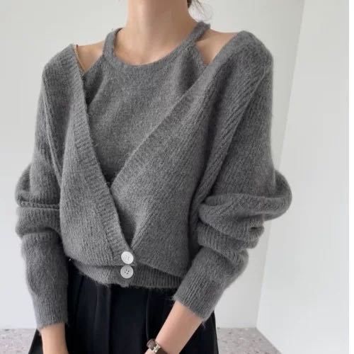 Lazy Knit Cardigan Set Damen Zweiteiliger V-Ausschnitt Langarm Pullover mit offener Vorderseite und Trägerweste_voghion.com