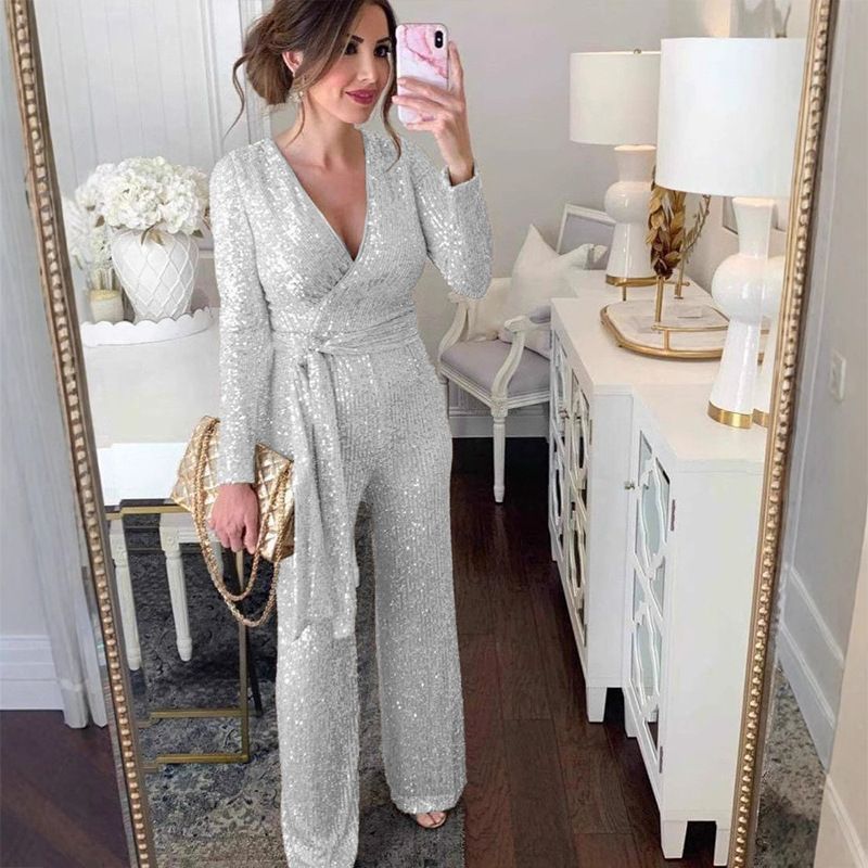 Glitter Sequin Wrap V-Neck Jumpsuit For Women - Stylish Long Sleeve Belted Romper, Casual & Party Outfit (Black, Silver,)_voghion.com