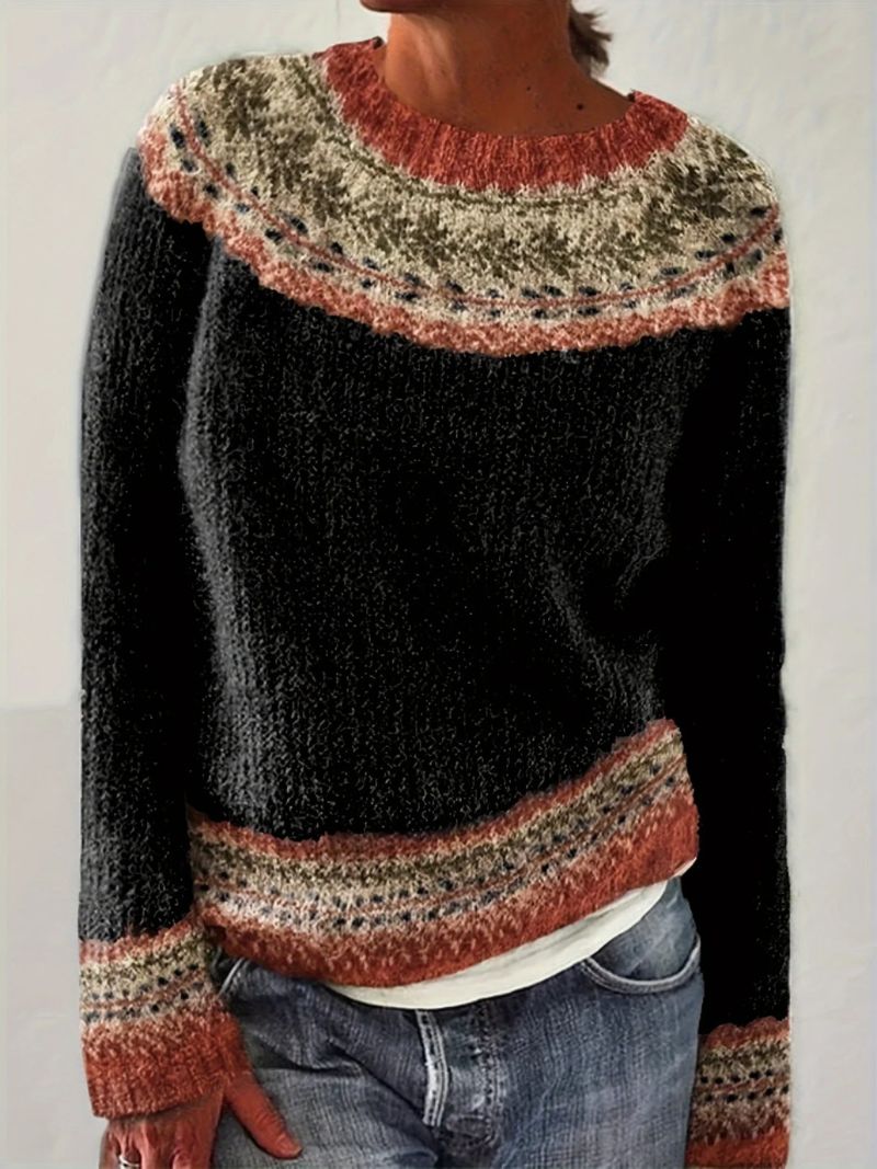 Damenbekleidung, modischer Strickpullover mit Rundhalsausschnitt, Farbblock, lockere Passform, lässige Oberteile_voghion.com