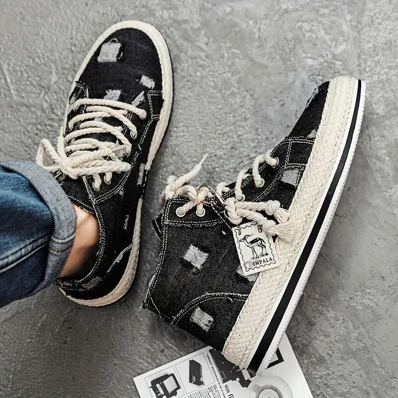 High-Top-Skateschuhe aus Used-Denim mit gutem Grip, atmungsaktive Schnürschuhe, Herrenschuhe, inspiriert von Espadrilles_voghion.com