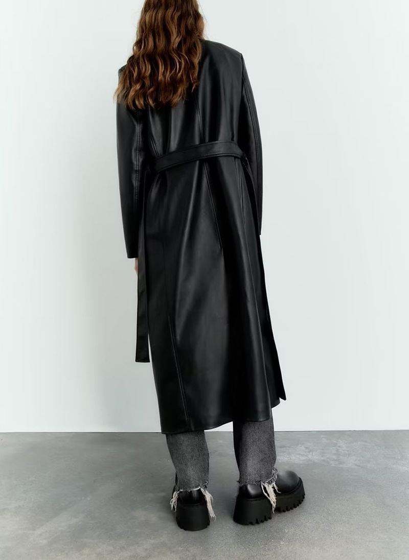 Dametøj mode temperament let velkendt imiteret læder PU sort lang windbreaker jakke kvinde_voghion.com