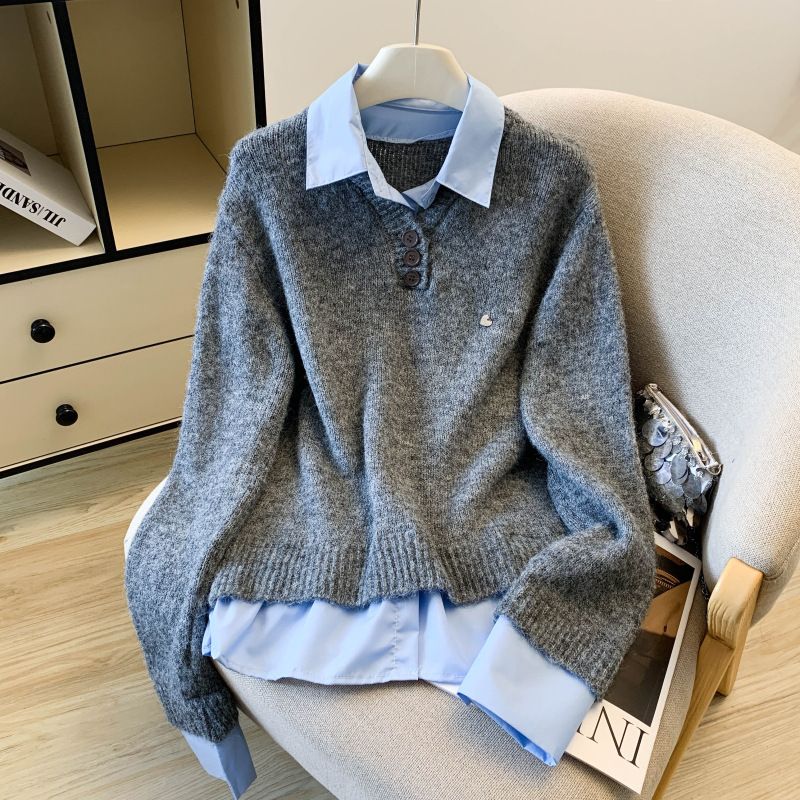 Abbigliamento da donna in stile coreano, camicia a strati e top in maglia, outfit autunnale da donna - grigio, bianco e blu_voghion.com