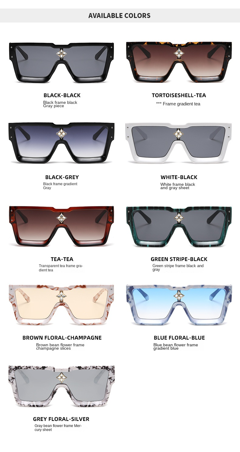 Neue Mode-Sonnenbrille mit großem Rahmen, europäische und amerikanische einteilige Sonnenbrille mit quadratischem Rahmen, Herren- und Damen-Persönlichkeits-Diamant-Reis-Nagel-Sonnenbrille_voghion.com