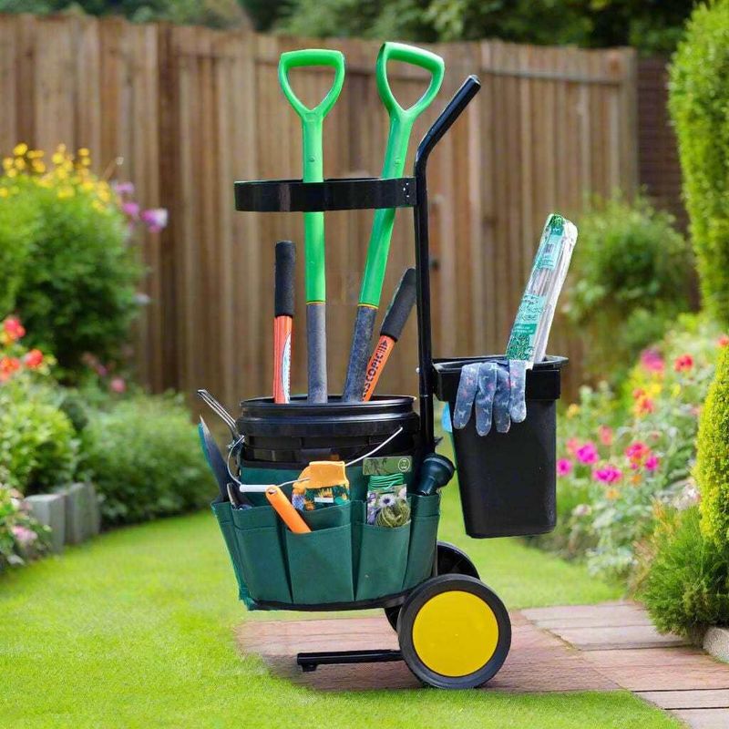 Azuma Garden Tool Caddy Trolley Tidy Cart 2 Buckets 18 Pocket Belt Sturdy Wheels_voghion.com