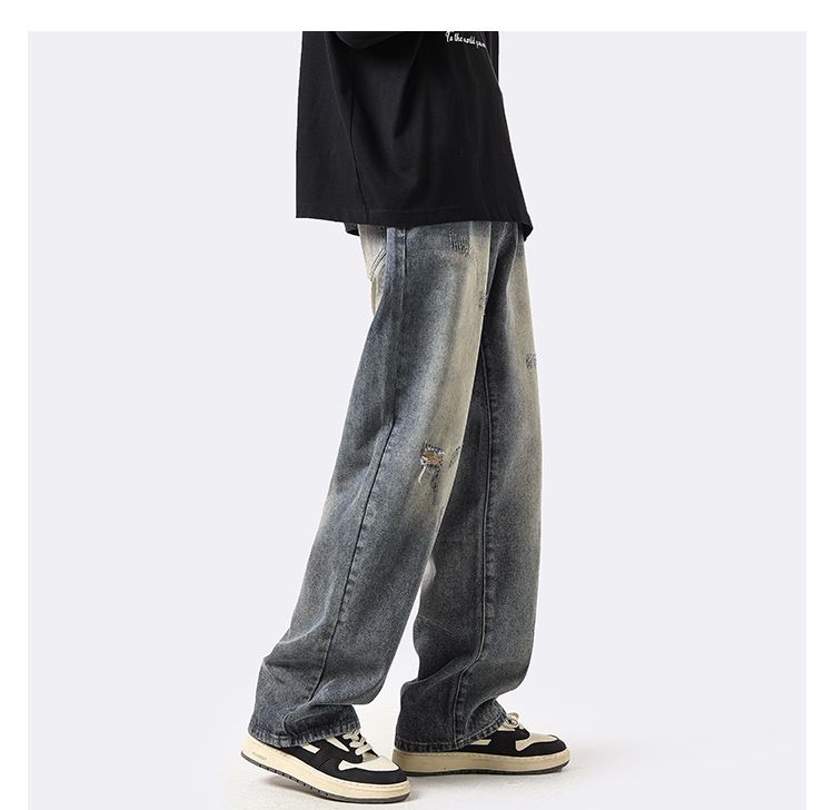Amerikaanse Vintage Straight Loose Washed Denim Jeans Voor Heren, Herfst En Winter Ins Trendy High Street Broeken, Casual Wijde_voghion.com