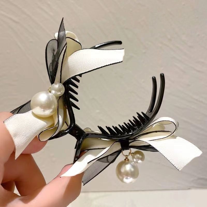 Forcina per capelli con doppio fiocco di perle e testa a sfera, copricapo da donna_voghion.com