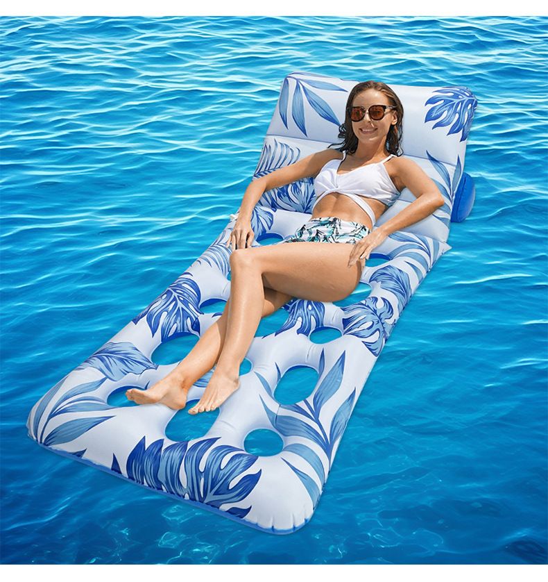 Bladtryk Oppustelig Pool Float liggestol i voksenstørrelse med åndbart mesh-design til swimmingpool strandfest og afslapning_voghion.com