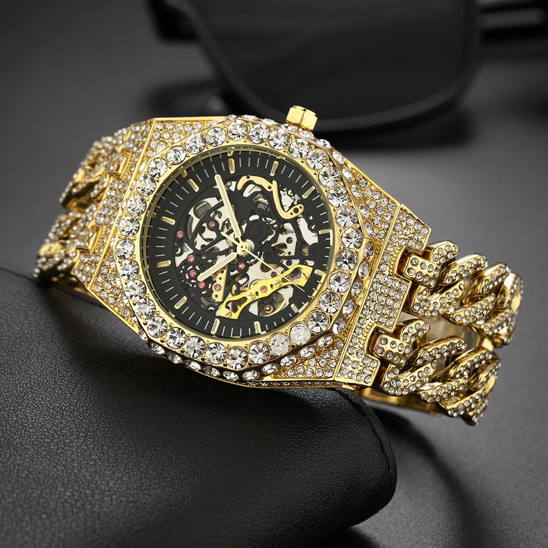 Ice Watch Full Diamond Hip Hop Cuban Chain Splicing Hollow Automatic Mechanical Watch Men's Watch_voghion.com