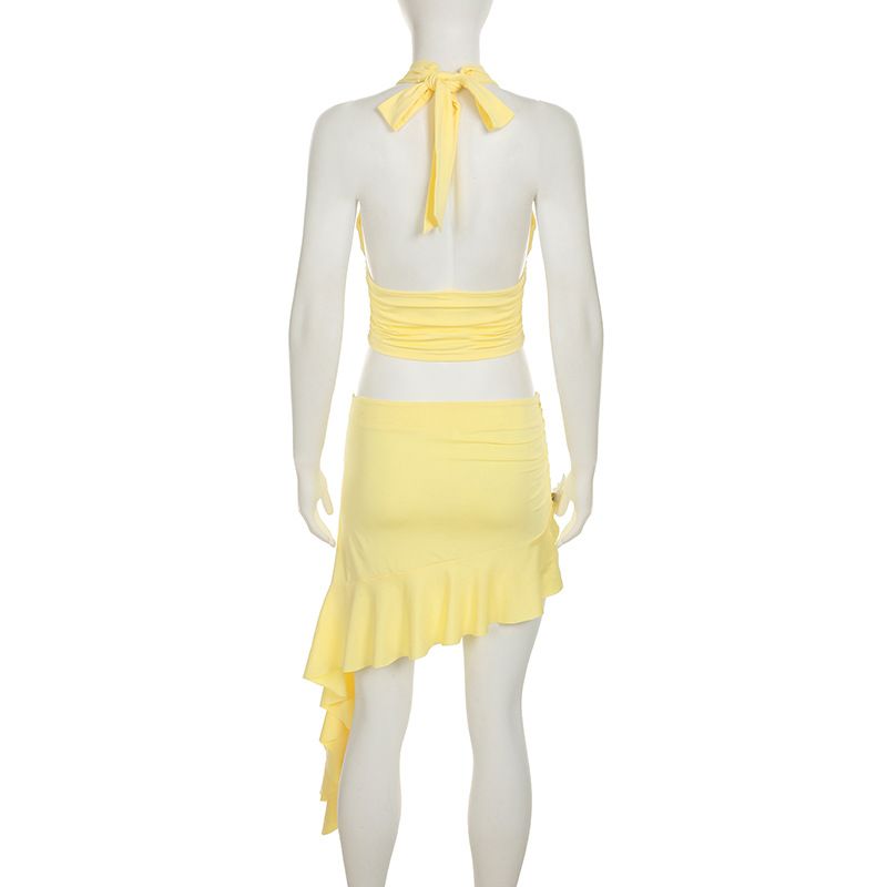 Abbigliamento da donna, gilet senza maniche con scollo all'americana, vita alta e design asimmetrico, gonna corta con sexy abito da festa in due pezzi_voghion.com
