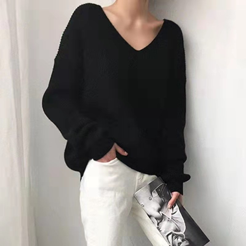Pullover casual 2023 Autunno Inverno Donna Maglioni Scollo a V Minimalista Top Moda Stile coreano Maglia Solid Pull_voghion.com