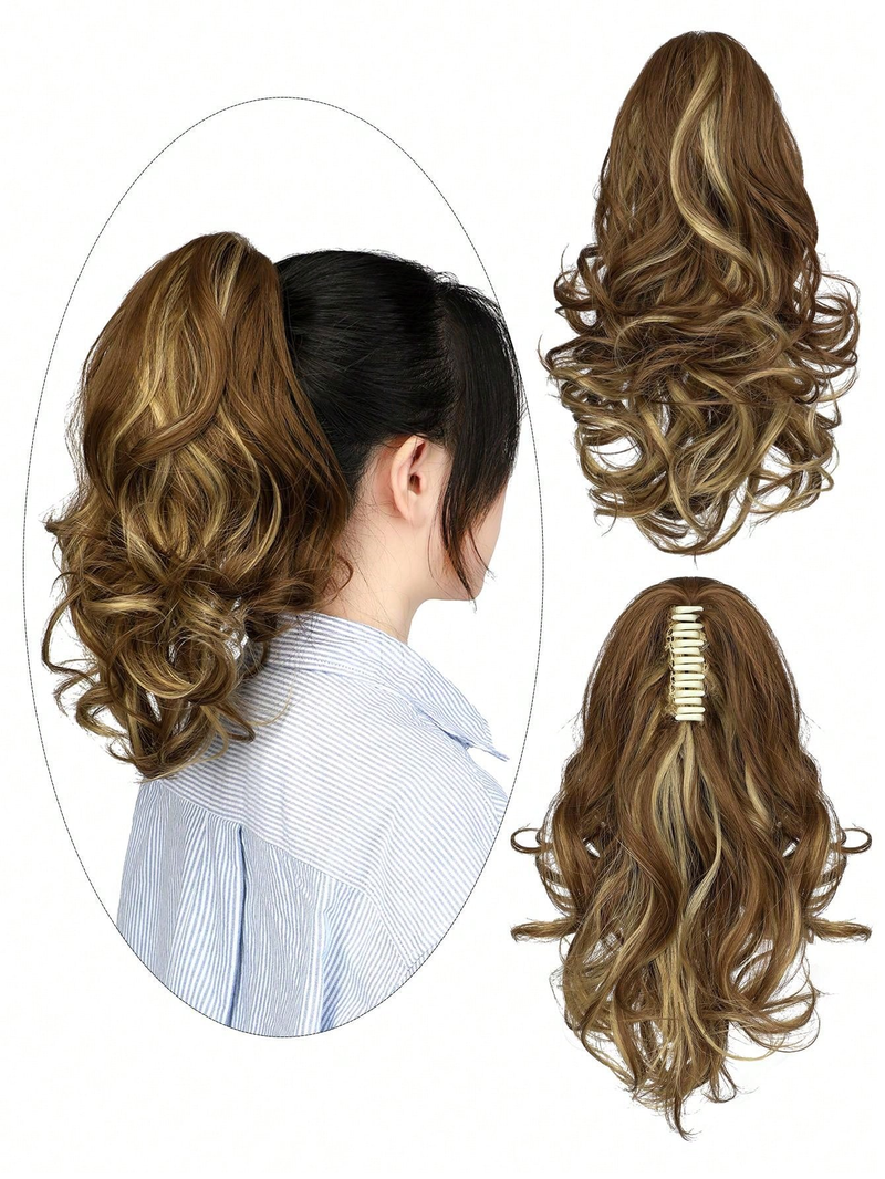 Synthetische Haarverlängerung, Damenbraun mit blondem Highlight, 12-Zoll-Klauenclip, kurzer, lockiger Pferdeschwanz, für den täglichen Gebrauch_voghion.com