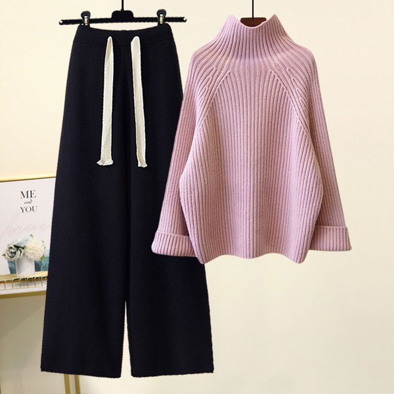 Women's Autumn Knit Sweater & Wide Leg Pants Set - Cozy Oversized Pullover With Flowy Trousers, Casual Loungewear Outfit For Fall_voghion.com