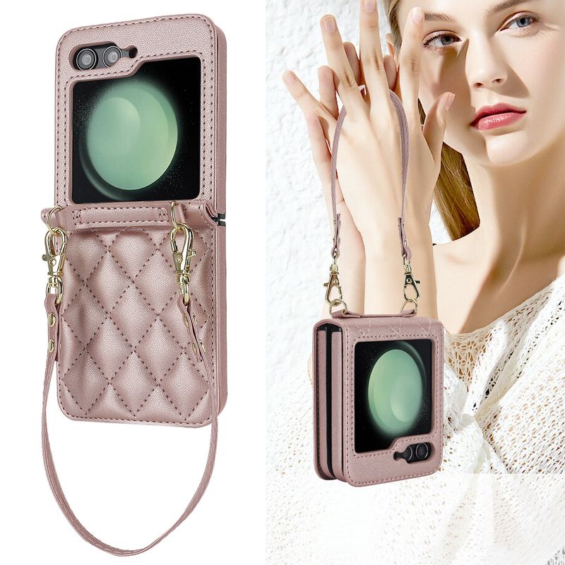 Nuova custodia per cellulare Z Flip6 per donna Custodia protettiva a tracolla Samsung Flip4 Custodia in pelle per cellulare a quadri_voghion.com